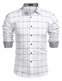 Herren Hemd Langarm Kariert Regular Fit aus Baumwolle Button-Down Business Casual Freizeithemd für Männer Weiß M