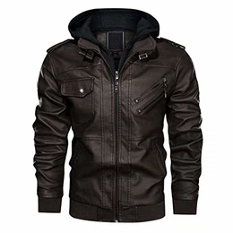 Leder Jacke Herren Übergangsjacke Herbst Winter Leather Jacket Men Vintage Herrenjacke Abtrennbare Kapuze Kunstleder Motorradjacke Männer Kaffee M