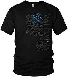 North - Valhalla Rabe - Vegvisir - Wikinger Walhalla nordischer Kompass - Vikings Raven - Herren T-Shirt Geschenk für Männer, Größe:M, Farbe:Schwarz/Blau