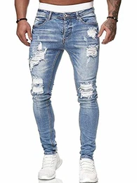 Herren Superenge Skinny-Jeans mit Rissen an den Knien, 001130141xhell Blau, M