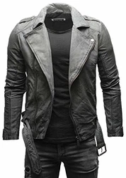 Crone Fynn Herren Biker Lederjacke Basic mit Gürtel und Reverskragen Grau