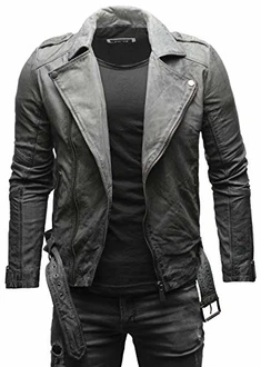 Crone Fynn Herren Biker Lederjacke Basic mit Gürtel und Reverskragen Grau