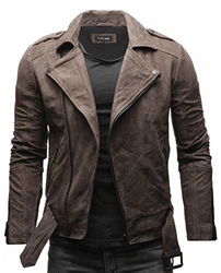 Crone Fynn Herren Biker Lederjacke Basic mit Gürtel und Reverskragen Blau