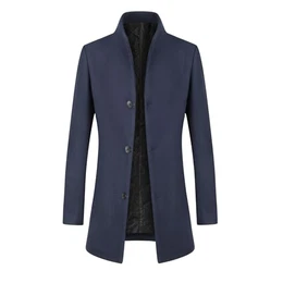 Wintermantel Herren Gefüttert Wollmantel Slim Fit Lang Mantel mit Stehkragen Business Blau M