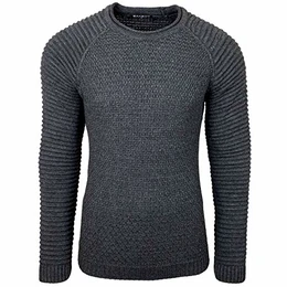 Strickpullover Herren Two Tone Rundhals Pullover Grobstrick B-6240, Farbe:Anthrazit, Größe:M
