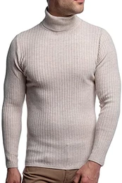 Karl´s People Herren Rollkragen-Pullover Herren Rolli S-5 XL • Rollkragenpullover für Herren mit Streifenmuster • Angenehmer Pullover Herren Langarm (M, Beige)