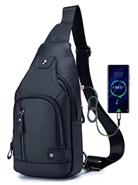 Tasche Leder Herren Sling Bag Schulter Rucksack Schultertasche Brusttasche Wasserresistent Tragetasche Umhängetasche Messengertasche für Wandern Arbeiten Schule Geschäft Radfahren Reise (Schwarz126)…