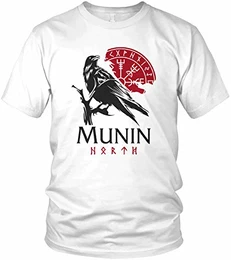 North - Munin Rabe Odin Rabengott Krieger - Nordmann Wikinger T-Shirt Herren Valhalla Shirt Viking Runen Walhalla Shirt Odin - Geschenke für Männer, Größe:M, Farbe:Weiß/Rot