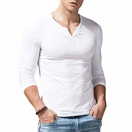 Herren Slim Fit Lange Ärmel Henley T-Shirt Beiläufig V-Ausschnitt Unterhemden Baumwolle Weiß Small