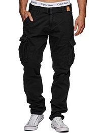Herren William Cargohose aus Baumwolle m. 7 Taschen inkl. Gürtel Lange Regular Fit Cargo Hose Baumwollhose Freizeithose Wanderhose Trekkinghose Outdoorhose für Männer Schwarz XL