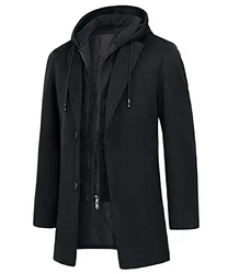 KTWOLEN Herren Mantel Winter Lang Business Wintermantel mit Kapuze Schwarz/Dunkelblau