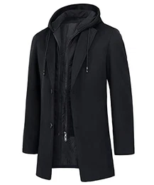 KTWOLEN Herren Mantel Winter Lang Warm Wollmantel Business Wintermantel Winterjacke Freizeit mit Herausnehmbarem Kapuze