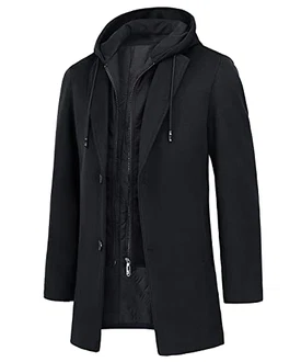 KTWOLEN Herren Mantel Winter Lang Business Wintermantel mit Kapuze Schwarz/Dunkelblau