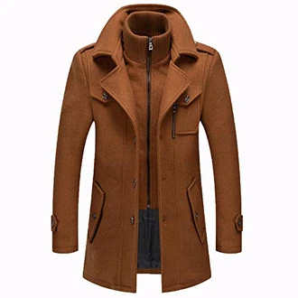 Männer Warmer Wollmantel abnehmbarer Doppelkragen Erbsenmäntel Casual Winter Business Slim Fit Jacke Braun