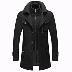 Männer Warmer Wollmantel abnehmbarer Doppelkragen Erbsenmäntel Casual Winter Business Slim Fit Jacke Schwarz