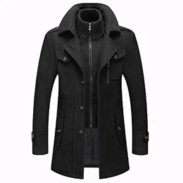 Männer Warmer Wollmantel, abnehmbare Doppelkragen Erbsen-Mäntel Casual Winter Business Slim Fit Jacke Plus Baumwollfutter Dicker Abzug im Freien Winddichte,Schwarz,L