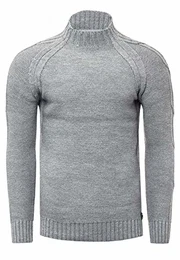 Herren Stehkragen Strick-Pullover Hoch-Kragen Strickpullover mit Zopfmuster Langarm Pullover 356, Farbe:Grau, Größe:M