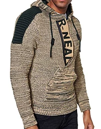 Kapuzen-Pullover Herren Strick Pullover Kapuzensweater Pulli Hoodie Strickpullover Zipper Longseleeve Logo 290, Farbe:Camel, Größe:M