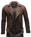 Crone Fynn Herren Biker Lederjacke Basic mit Gürtel und Reverskragen Dunkelbraun