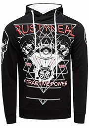 Herren Sweatshirt Rusty Neal Sweat-Shirt Printed Sweater Sweat Kapuzen Pullover Langarm Kapuzenpullover 148, Farbe:Schwarz, Größe:M