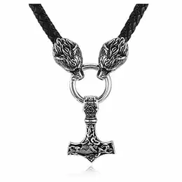 PiercingJak Herren Halskette Thors Hammer Wikinger mit Fenris Wolf Geflochtene Lederkette Edelstahl Mjölnir Keltischer Knoten Anhänger Nordischer Schmuck Amulett, Silber/Schwarz