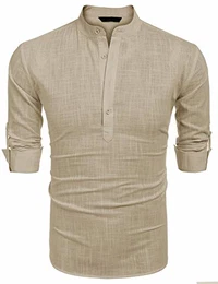 Herren Leinenshirt Langarm Kurze Kragen Baumwolle Leicht Casual Bügelfrei Einfarbig Shirts Khaki M