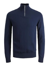 Herren Dünner Strickpullover Stehkragen Sweater mit Reißverschluss Langarm Basic JJEEMIL, Farben:Navy, Größe Pullover:M