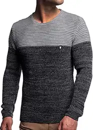 Herren Strick-Pullover Rundhals mit Logopatch Männer Winter-Pullover stylischer Herren Strick-Pulli warmer Männer Pulli Grobstrick Herren Basic Longsleeve Sweatshirt sweater K-114 Grey-Navy M