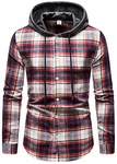 Herren Hemd Kapuzenhemd Kapuzenpullover Langarmshirt Kariert Freizeithemd Spleißhülse Shirt Rot/Weiß (A111)