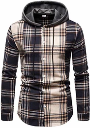Herren Hemd Kapuzenhemd Kapuzenpullover Langramshirt Kariert Freizeithemd Spleißhülse Shirt (Beige Splice-A111, M)