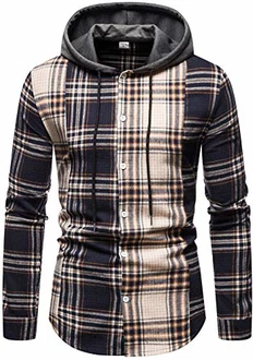 Herren Hemd Kapuzenhemd Kapuzenpullover Langarmshirt Kariert Freizeithemd Spleißhülse Shirt Beige (A111)