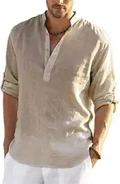 Langarmshirt Herren Hemd Leinenhemd Baumwolle Hemd Herren Stehkragen Freizeithemd Buissness Sommerhemd Casual Regular Fit Khaki M
