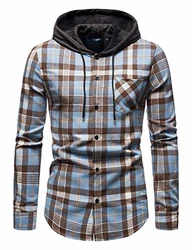 WHATLEES Herren Kariertes Kapuzenhemd Flanellhemd mit Kapuze LightBlue