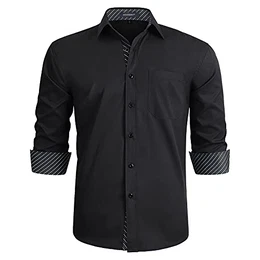 Herren Schwarz gestreiftes Hemd Langarm Business Regular Fit Hochzeit Work Party Button-Down-Hemden