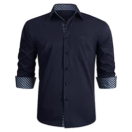 Marineblaues Hemd Herren Hemd mit klassischem Kragen Lässig Formal Button-Down Regular Fit Hemden Langarm Plaid