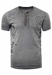 T-Shirt Herren Schwarz S - 3XL Kurzarm Rundhals Knopfleiste Seitliche Front Prints Tshirt Verwaschen 241, Farbe:Anthrazit, Größe S-3XL:M