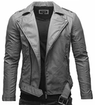 Crone Fynn Herren Biker Lederjacke Basic mit Gürtel und Reverskragen Matt Grau