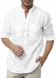 Herren Leinenhemd Langarm Modern Baumwolle Slim Fit Hemd Business Freizeit Urlaub Strand Henly Shirt,Weiß,M