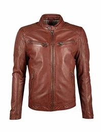 Herren Biker Lederjacke mit Stehkragen und Steppung an Schulter und Oberarm - GBDerry LAORV (M, Dark Cognac)