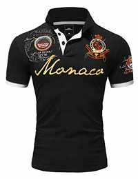 Herren Poloshirt Basic Kontrast Monaco Stickerei Kurzarm Polohemd T-Shirt 5108 Schwarz M