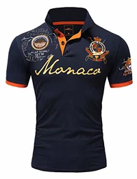 Herren Poloshirt Basic Kontrast Monaco Stickerei Kurzarm Polohemd T-Shirt 5108 Navyblau M