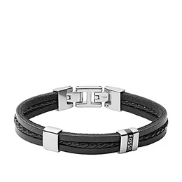 Herren Armband Leather Essentials mehrsträngig Leder schwarz, JF03686040