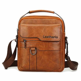 Herren Umhängetasche Klein PU Leder Schultertasche mit Griff Handtasche Herrentasche Handgelenktasche mit Großer Kapazität für Alltag Freizeit Arbeit Gelbbraun