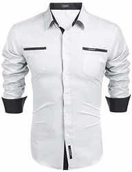 COOFANDY Herren Langarmhemd Slim Fit Freizeit Kentkragen Hemd Weiß