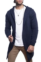 Herren Strickjacke Lang mit Kapuze • Herren Jacke mit Seitentaschen Lange Kapuzenjacke Herren angenehme Übergangsjacke für Männer 7601 Navy, L