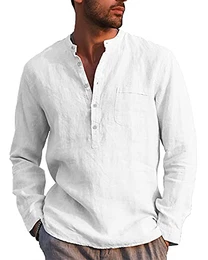Hemd Herren Langarm Henley Sommerhemd Herren Freizeithemd mit Brusttasche Regular Fit Men Shirts Weiß M