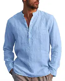 Leinenhemd Herren Langarm Freizeithemden Regular Fit Alltagskleidung Himmelblau M