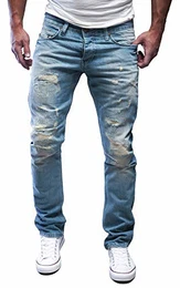 Jeans Herren Destroyed Hose Jeanshose Männer Slim Fit Stretch Denim 2081-1001 (32-30, 502-5 Hellblau)