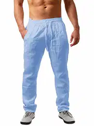 Herren Leinenhose Lang Leicht Sommerhose Loose Fit Freizeithose für Urlaub Strand Alltag Blau M