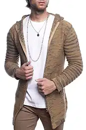 Herren Strickjacke Lang mit Kapuze Herren Jacke mit Seitentaschen Lange Kapuzenjacke Herren angenehme Übergangsjacke für Männer K-115 Camel M
